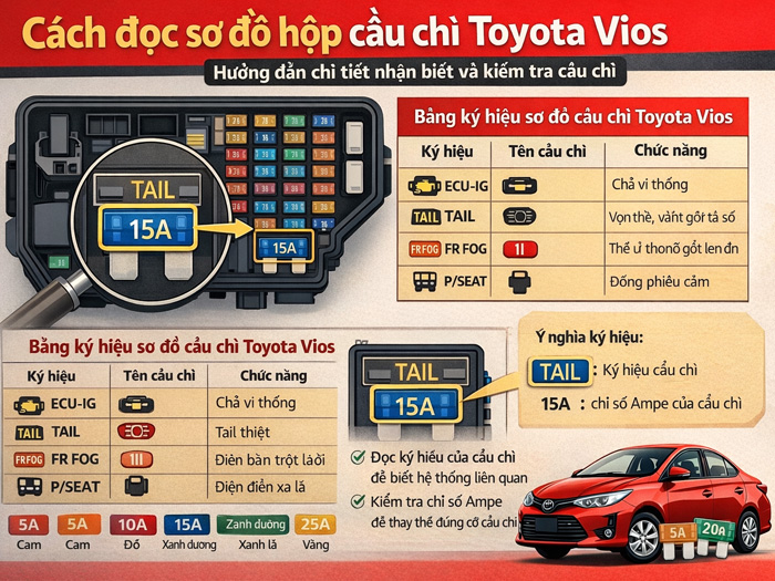 Ký hiệu cầu chì Toyota Vios là gì? Cách đọc và nhận biết đúng